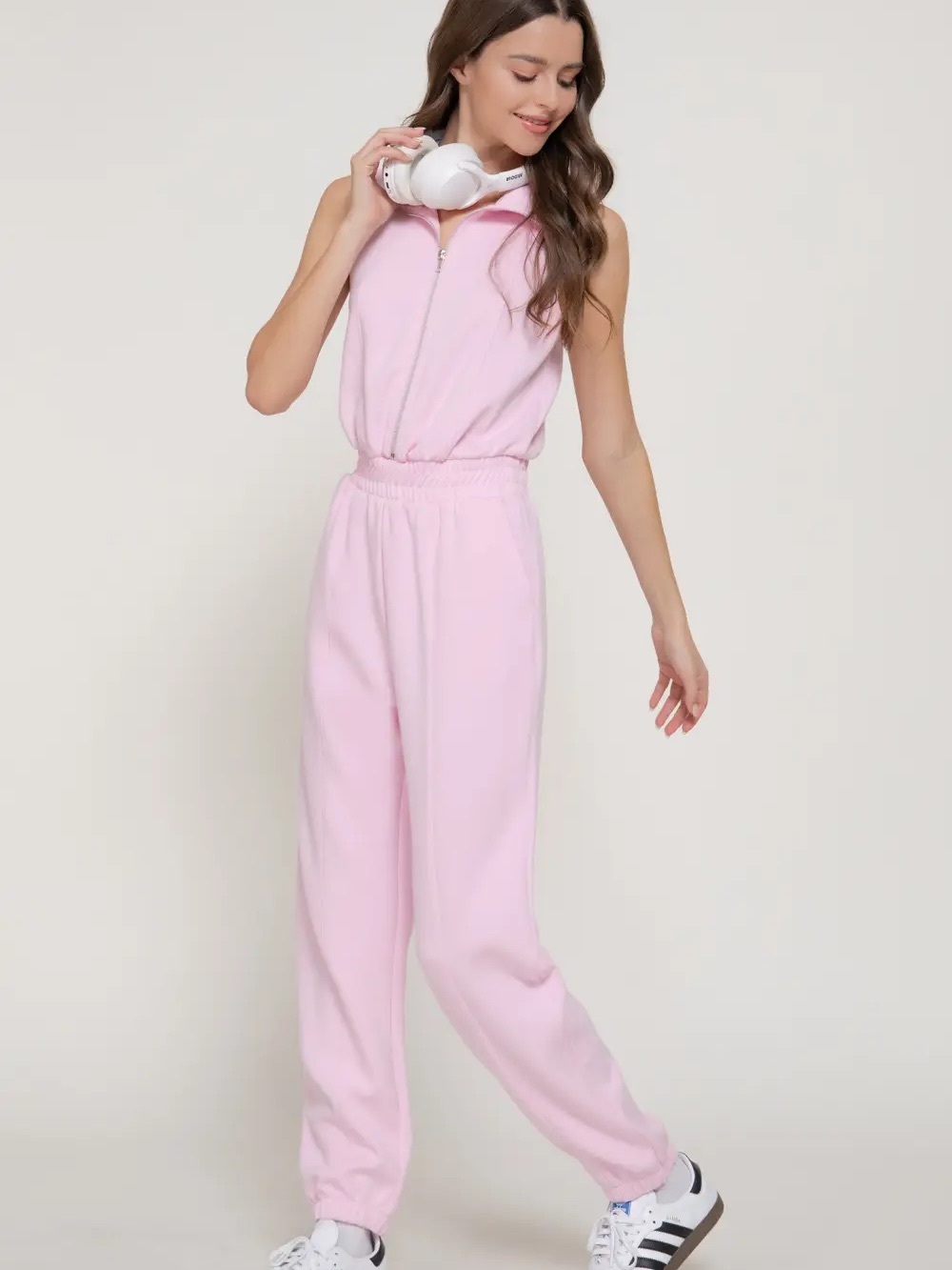 Women’s Active USA Pink Sleeveless Zip-Front Jumpsuit